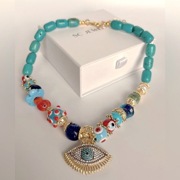 Gemstone Necklace | Natural Agate Stone | Turquoise Evil Eye | Handcrafted - Picture 4 of 9